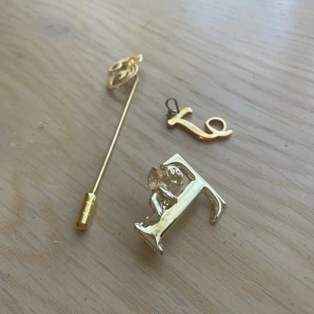 3 Vintage T Pins Initial Jewelry Gold Tone